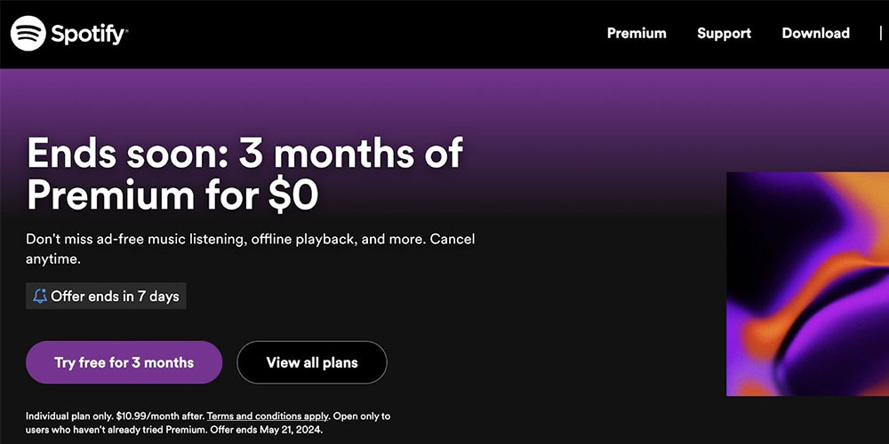  مثالی از لندینگ پیج اسپاتیفای که یک پیشنهاد محدود برای امتحان کردن گزینه Spotify Premium ارائه می‌دهد