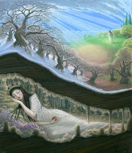 This artwork portrays Proserpina in deep slumber beneath the earth as winter spreads its effect throughout the landscape. In her dreams, Proserpina envisions the arrival of spring, where she is awakened and walks amidst the rejuvenating nature of the season.