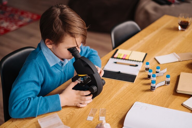 STEM for kindergarten: A young boy explores science with a microscope.