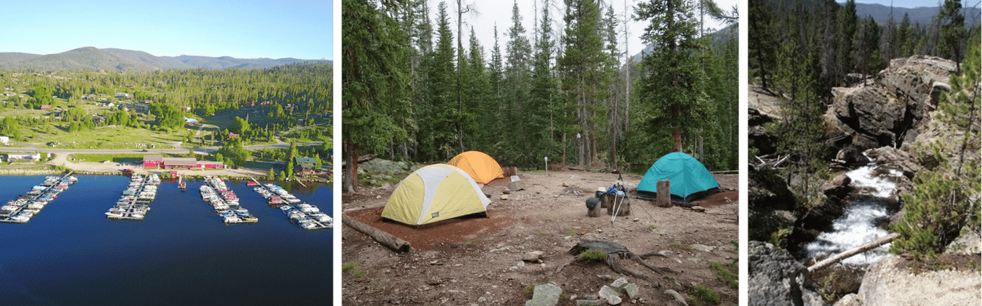 Trail Ridge Marina pictured on the left  Rocky Mountain National Park camping photo in the center  Adam Falls pictured on the right