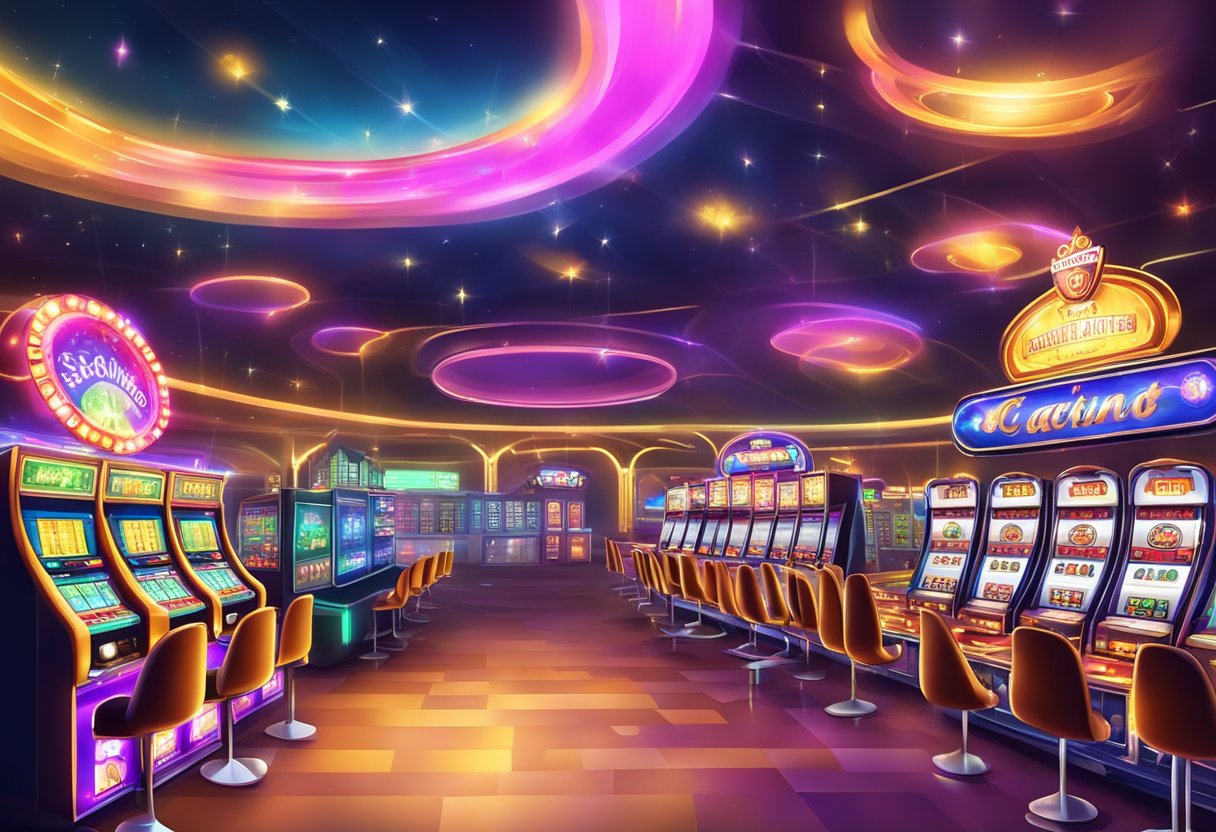 A colorful casino with flashing lights and slot machines, next to a serene online lottery website with jackpot prizes