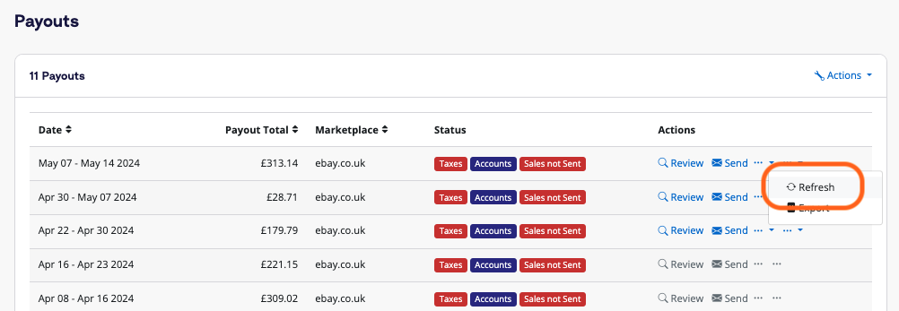 A screenshot of the A2X Payouts page. Select Refresh.