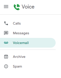 Google Voice for business app showing separate inboxes for calls, messages, and voicemail 