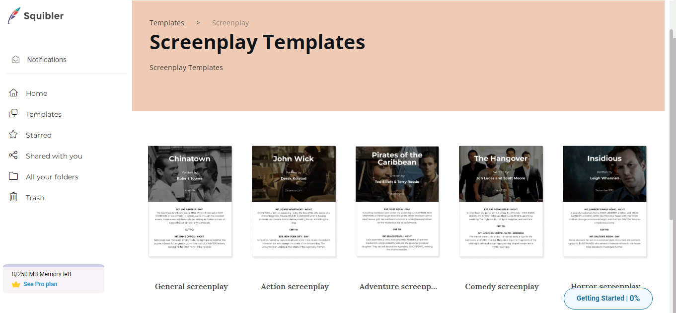 Templates for screenplays