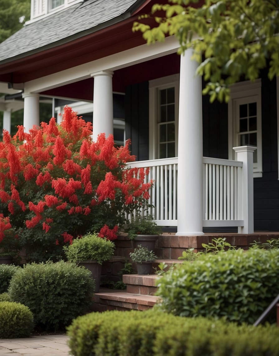 Lush barberry bushes line the front of a quaint house, adding a vibrant pop of red to the landscape