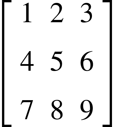 {"mathml":"<math style=\"font-family:stix;font-size:16px;\" xmlns=\"http://www.w3.org/1998/Math/MathML\"><mstyle mathsize=\"16px\"><mfenced open=\"[\" close=\"]\"><mtable><mtr><mtd><mn>1</mn></mtd><mtd><mn>2</mn></mtd><mtd><mn>3</mn></mtd></mtr><mtr><mtd><mn>4</mn></mtd><mtd><mn>5</mn></mtd><mtd><mn>6</mn></mtd></mtr><mtr><mtd><mn>7</mn></mtd><mtd><mn>8</mn></mtd><mtd><mn>9</mn></mtd></mtr></mtable></mfenced></mstyle></math>","truncated":false}