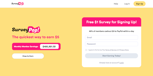 The Survey Pop sign-up page marketing the app as the quickest way to earn $5 and offering a free dollar for signing up. 