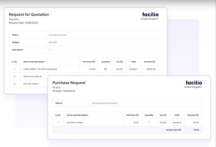 Facilio parts inventory management software showing PRs and RFQs for inventory items