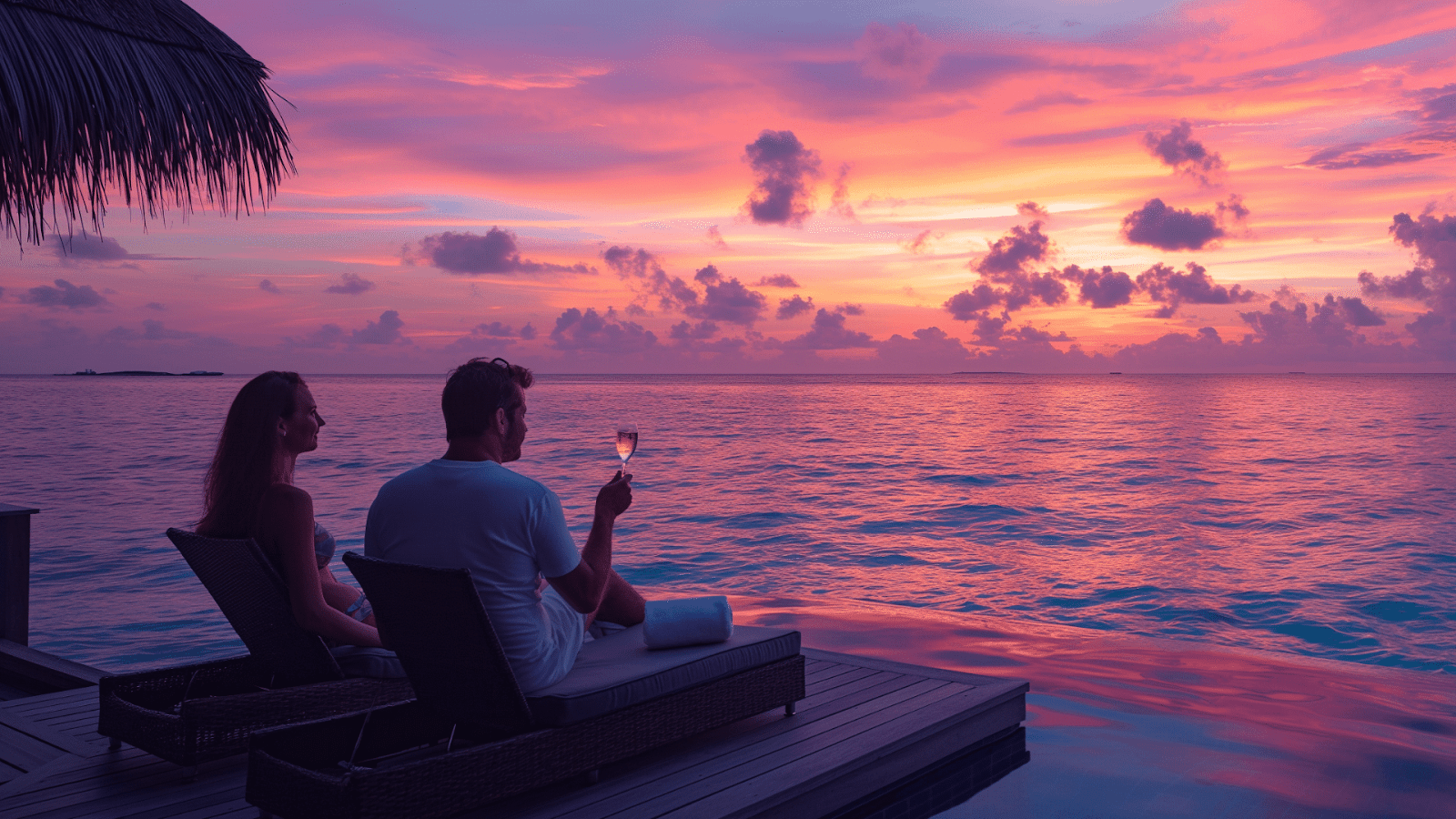 A couple relaxing by the water at sunset highlighting luxury vacation rentals in the Maldives.