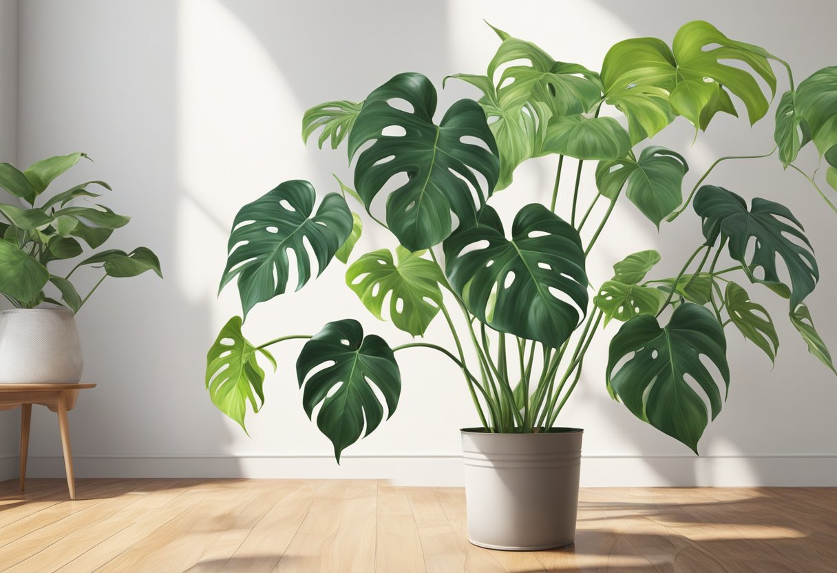 A lush philodendron plant thrives in a bright, airy room, its glossy leaves unfurling towards the sunlight. A watering can sits nearby, ready to nourish the vibrant green foliage