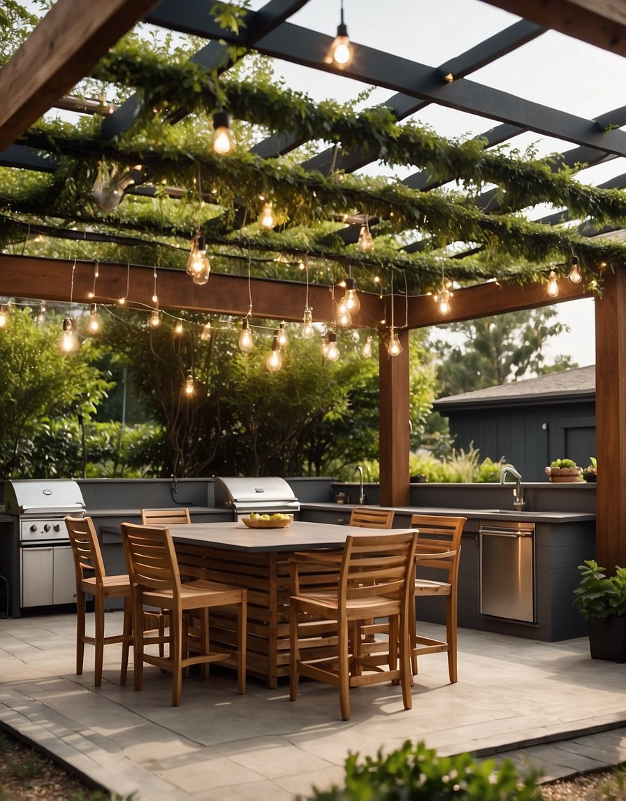 A pergola stands over an outdoor kitchen, with hanging lights and lush greenery surrounding the area