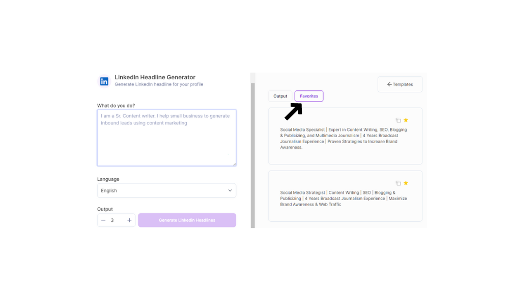 Favorite tab on LinkedIn Headline Generator- Via WriterBuddy