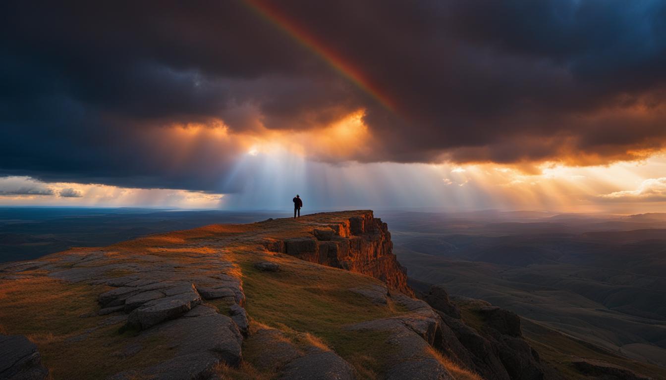 A figure standing at the edge of a cliff, looking out into a vast horizon with rays of sunlight breaking through stormy clouds overhead. The sky is filled with various colors ranging from dark blues to oranges and reds. However, the figure seems calm and collected despite the turbulent environment around them.