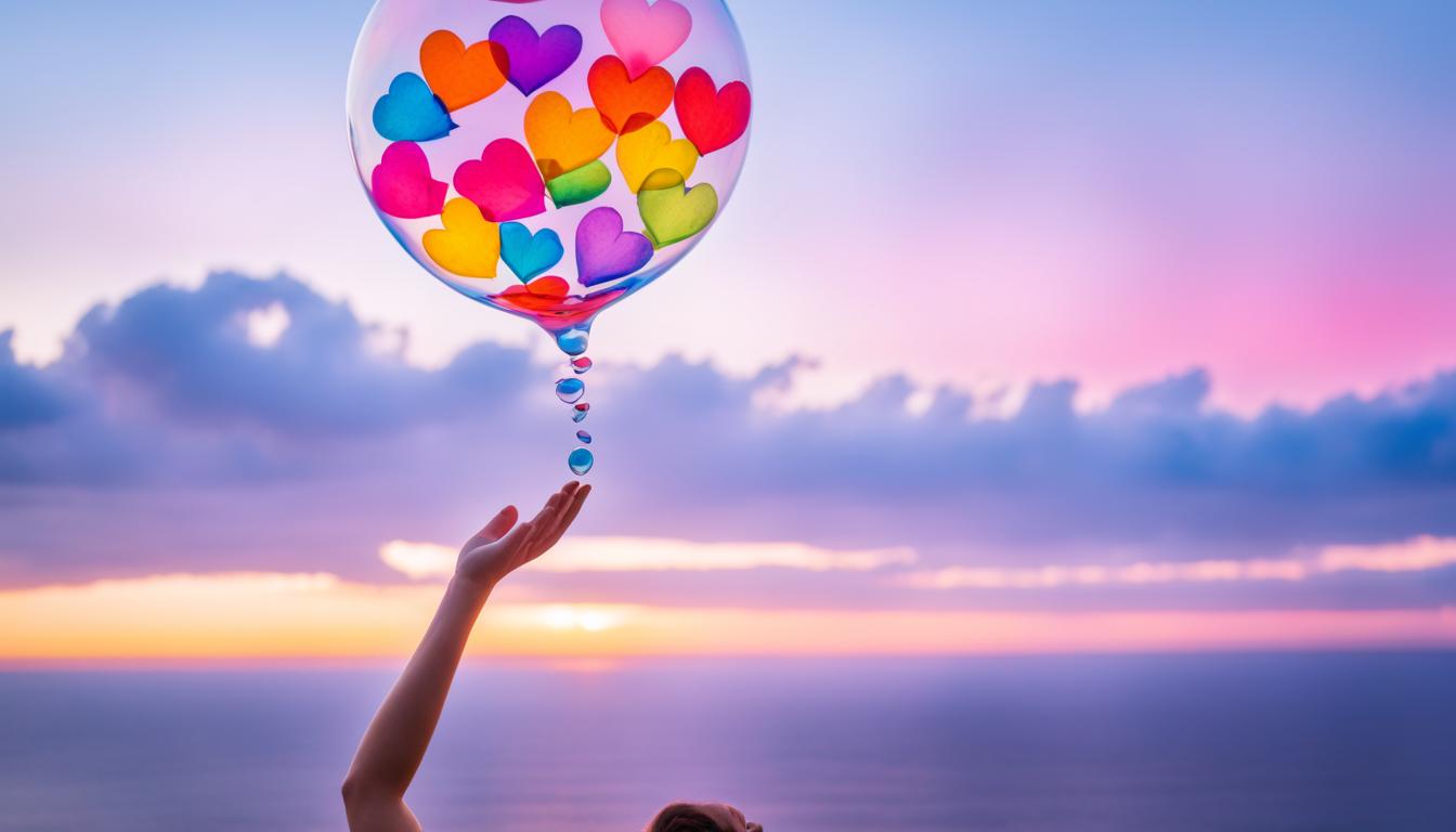 A soft and gentle heart-shaped bubble floating above a person's head, containing all the negative beliefs and past hurts related to love and relationships. The person is reaching up to the bubble with one hand, while the other hand is holding a colorful bouquet of flowers. Through the bubble, we can see a glimpse of a beautiful sunset over the ocean. The person's facial expression is peaceful, as if they are ready to release and let go of their past pain and open up to new love and positive experiences.