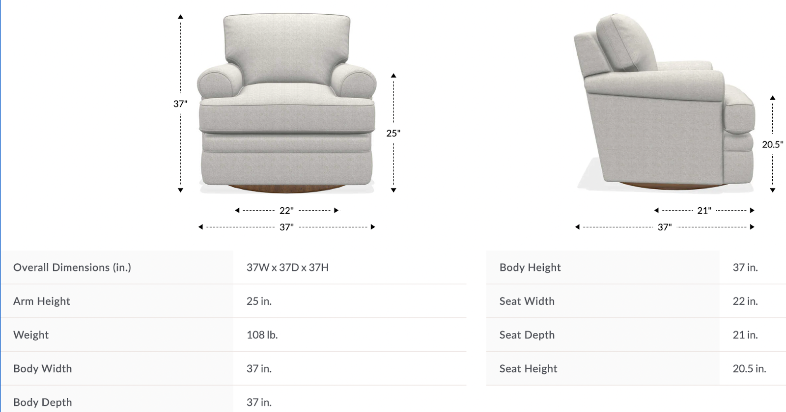 roxie swivel gliding chair size and dimensions