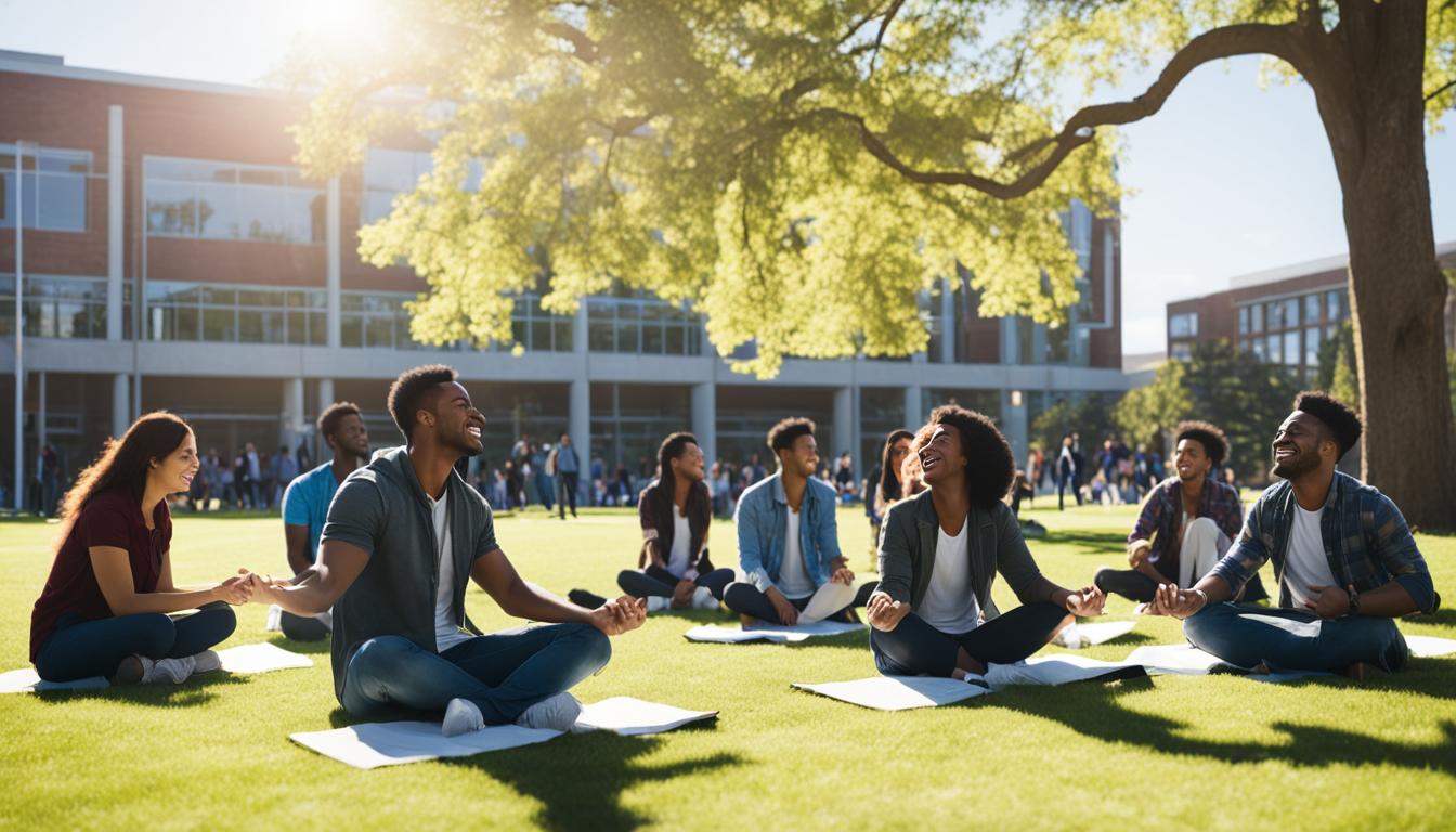 A student sitting cross-legged on the grass outside of a college campus, eyes closed and hands resting comfortably in their lap. The sun is shining down on them, casting a warm glow and creating shadows from nearby trees. In the distance, a group of students can be seen walking and laughing together, highlighting the social aspect of college life. In the sky above, a flock of birds flies in a V-formation, symbolizing the freedom and potential for growth that attending college can bring.