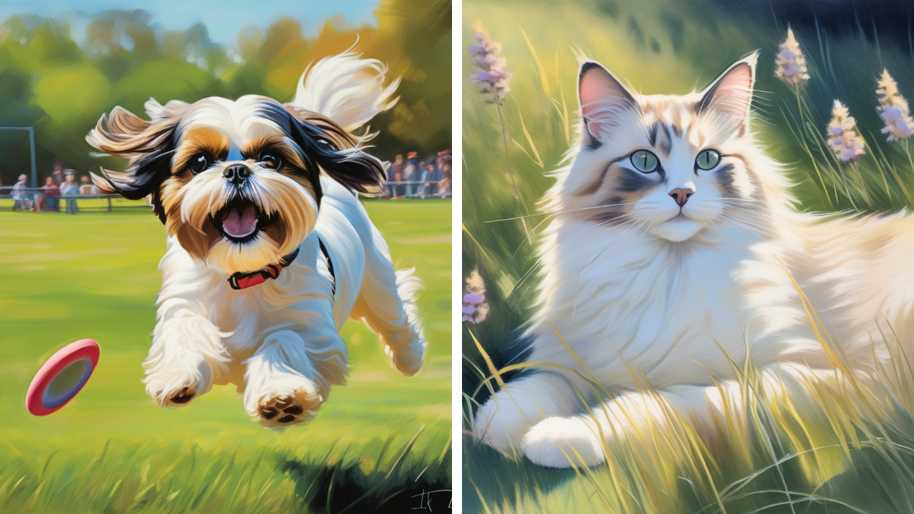 Side-by-side AI pet art of a dog running after a frisbee in a park and a white cat resting alone in the grass