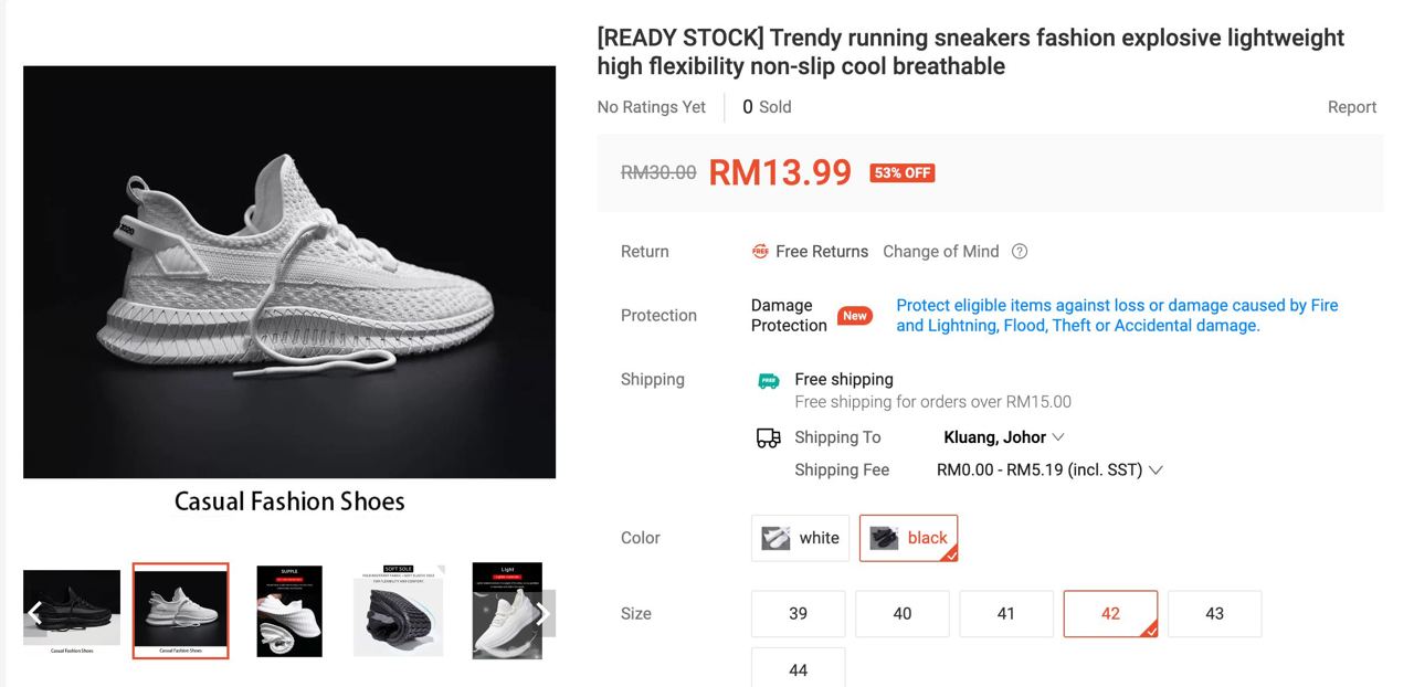 Hasil semakan di laman Shopee menemui kasut lelaki yang lebih kurang sama yang dijual pada harga serendah RM13.99 sepasang