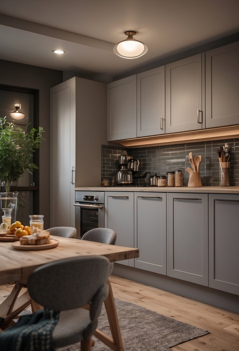 The cozy kitchen features light gray cabinets, with warm lighting and a welcoming atmosphere