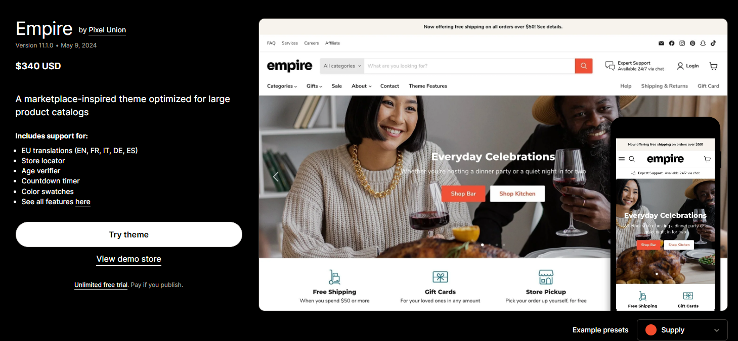 Pricing shopify empire theme