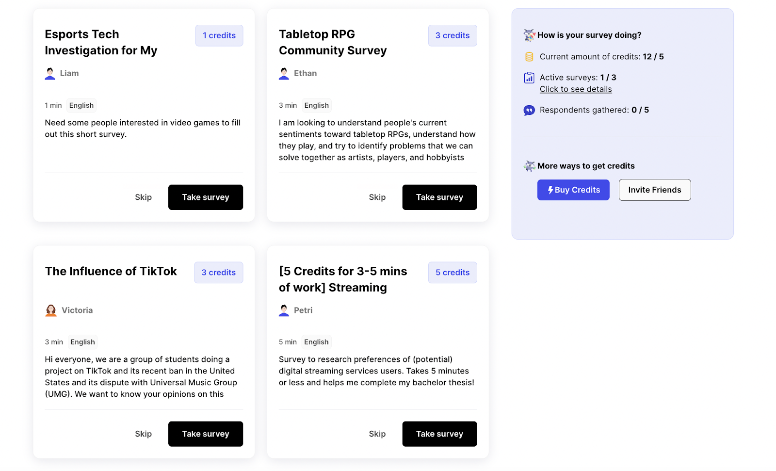 Tracked surveys dashboard in surveyswap
