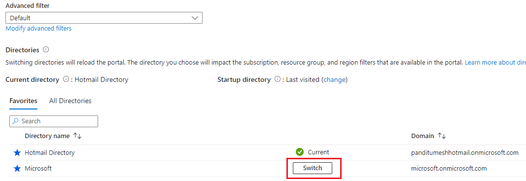 Switch Microsoft Entra directory 