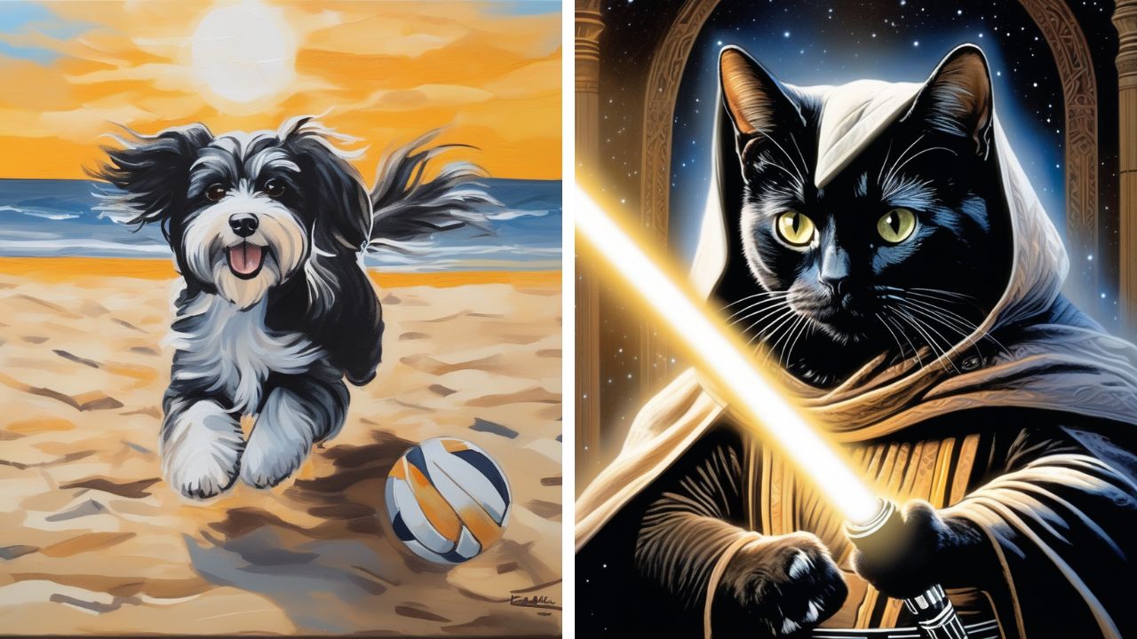 Side-by-side AI pet art of a dog chasing after a volleyball on the beach and a black cat with a light saber