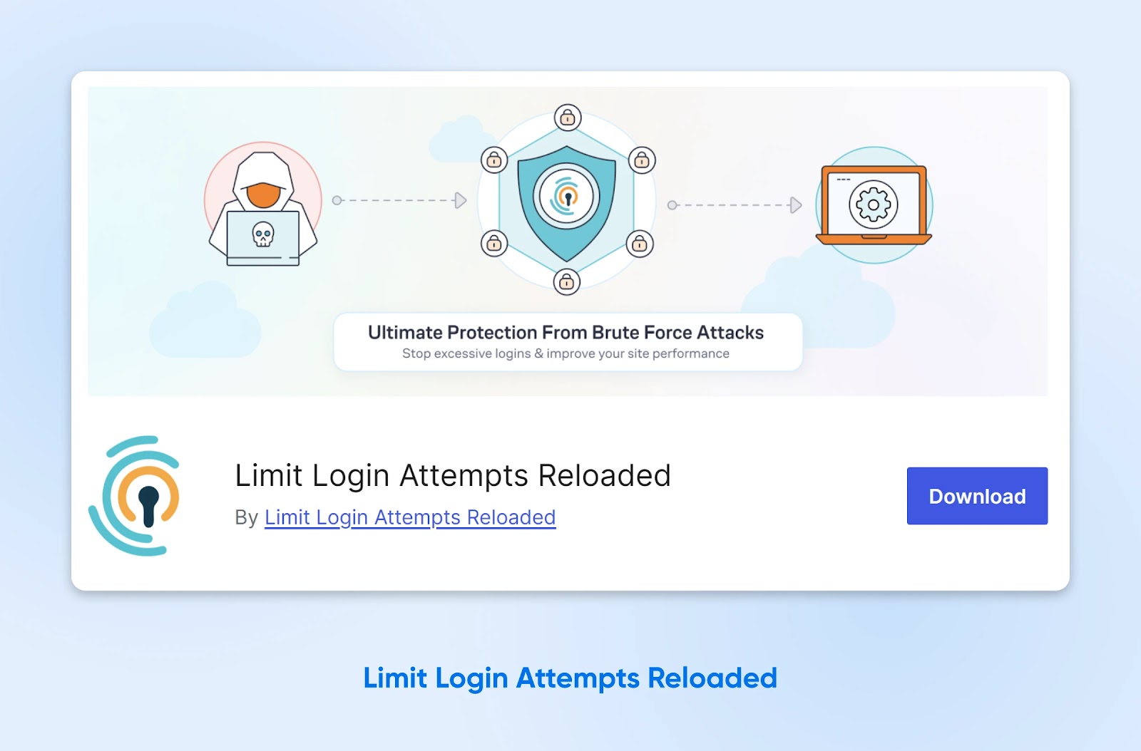 Ilustración que muestra la protección contra ataques, con un ícono de escudo rodeado de candados y un botón de descarga para el complemento.