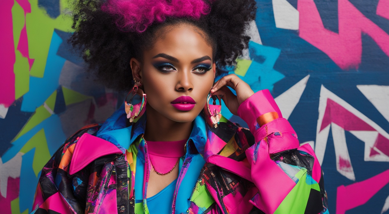 Create an image featuring a woman wearing bold and vibrant 80s fashion. She is standing in front of a graffiti-covered brick wall, and her outfit incorporates neon bright colors like hot pink, electric blue, and lime green. The prints on her clothing are daring and eye-catching, such as graphic geometric shapes or abstract splatters. Her hair is big and voluminous, styled in loose curls with a side part. She is wearing oversized hoop earrings and chunky bracelets in coordinating colors. The overall vibe of the image is energetic, fun, and unapologetically bold.