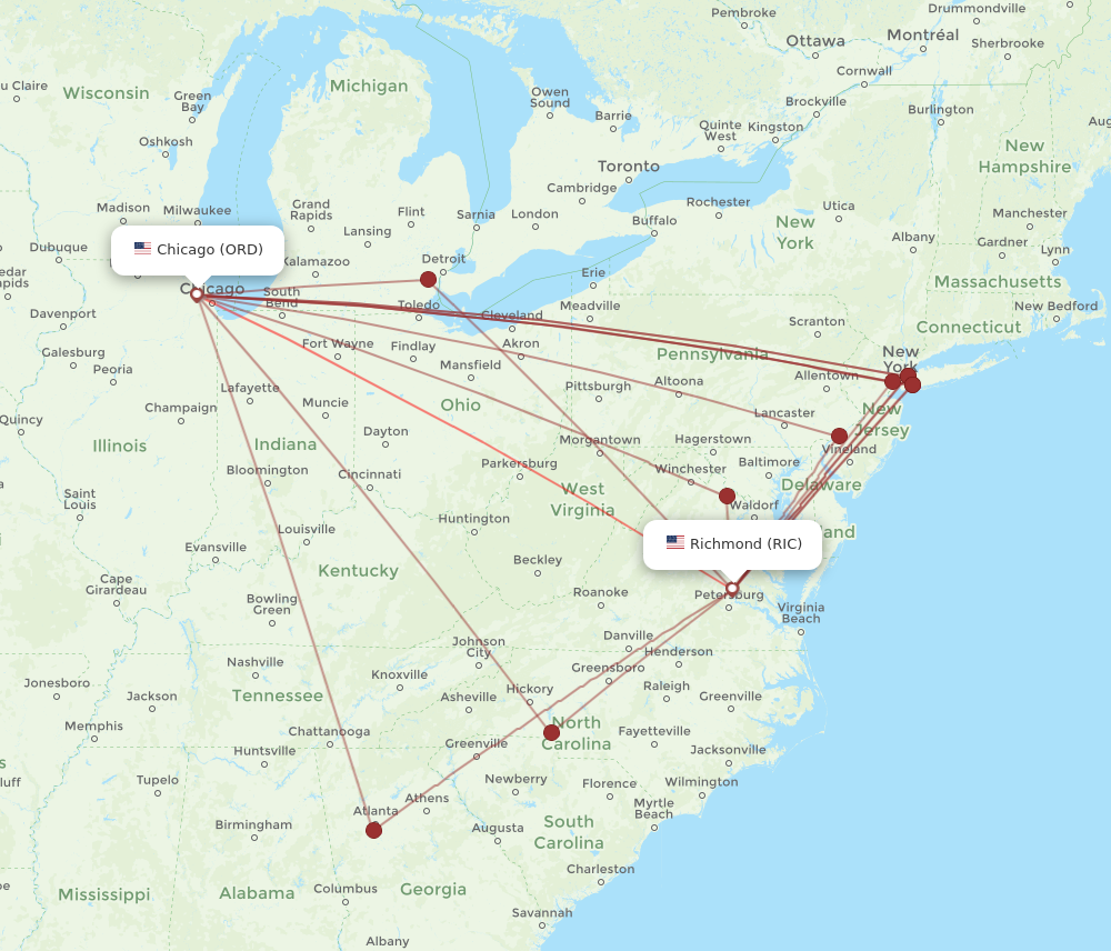 All flight routes from Chicago to Richmond, ORD to RIC - Flight Routes