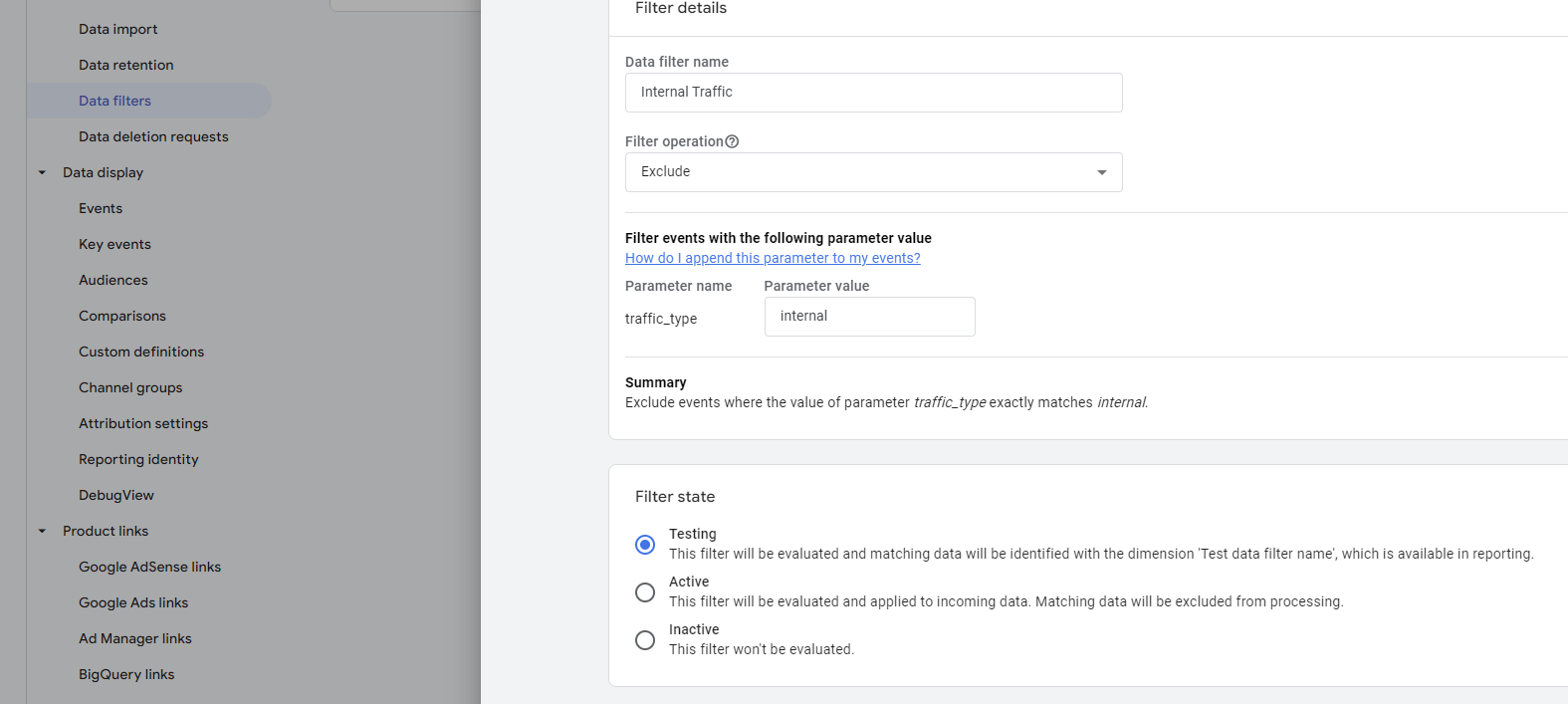 4th step: activate the filter - switch the internal traffic filter to "active".
picture shows filter state switched to active, other options being testing and inactive