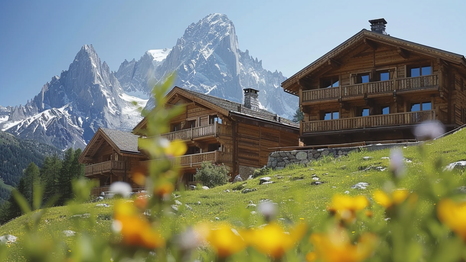 A spacious ski chalet in Courchevel, France, with flowers in the foreground