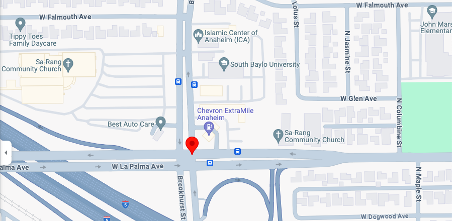 A screenshot of Brookhurst Street and La Palma Avenue, one of the most dangerous Anaheim intersections.