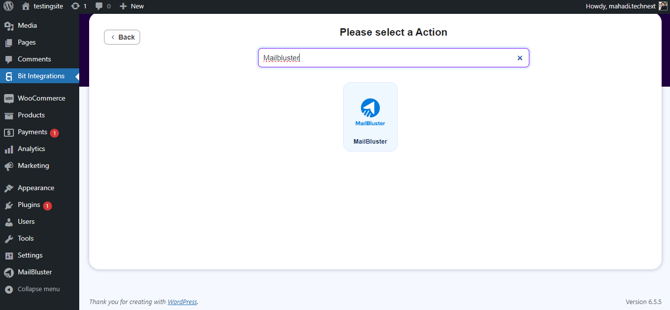 Selecting Action in Bit Integrations plugin