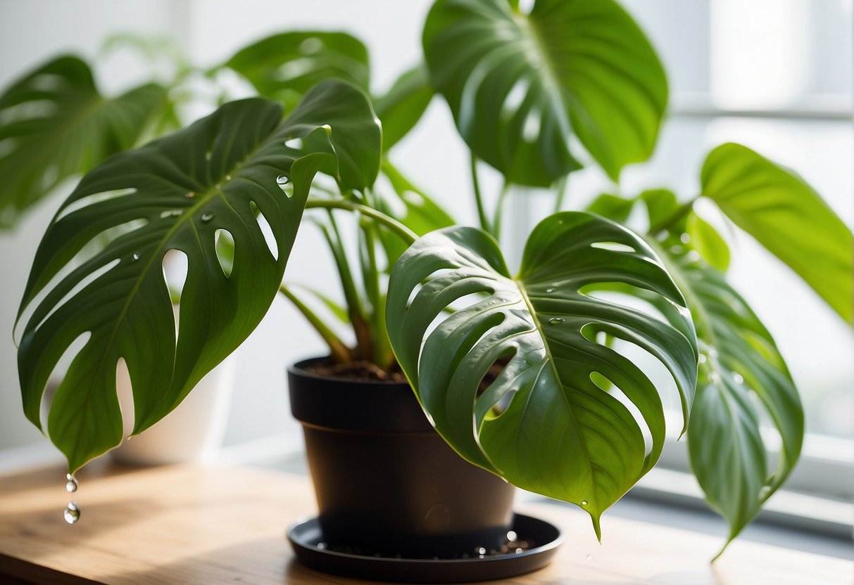 Lush green philodendron plant sits in a bright, airy room. Water droplets cling to its glossy leaves, and a small pot of fertilizer sits nearby