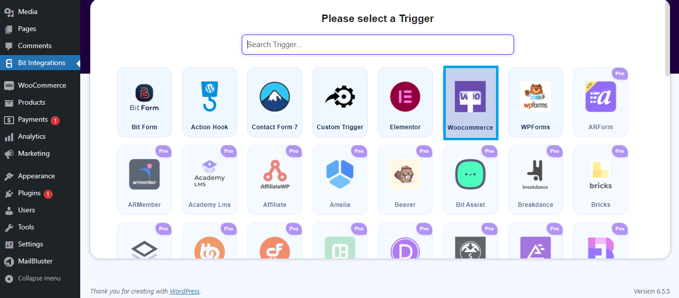 Selecting trigger in Bit integrations