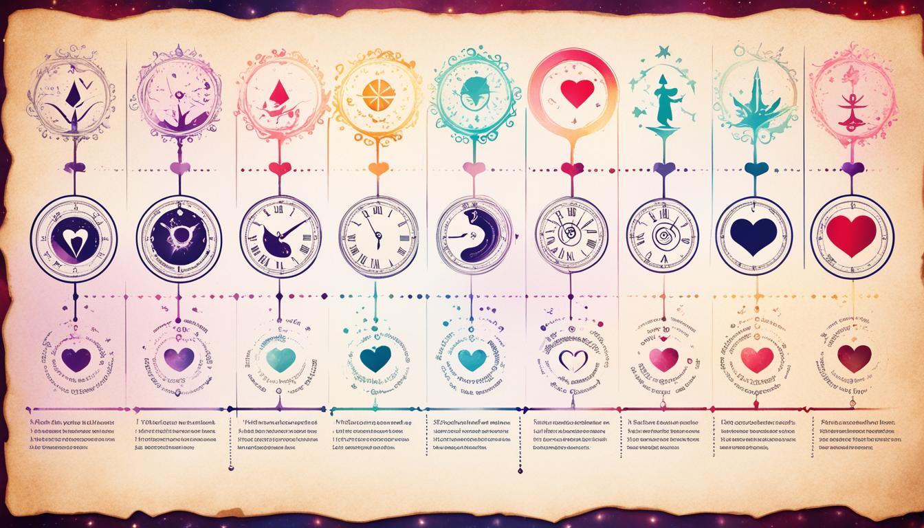 Illustrate a timeline of love spell manifestation duration. Show the variability of results with different colors and shapes. Use a gradient background to represent the passage of time. Include symbols representing love and magic to convey the theme.