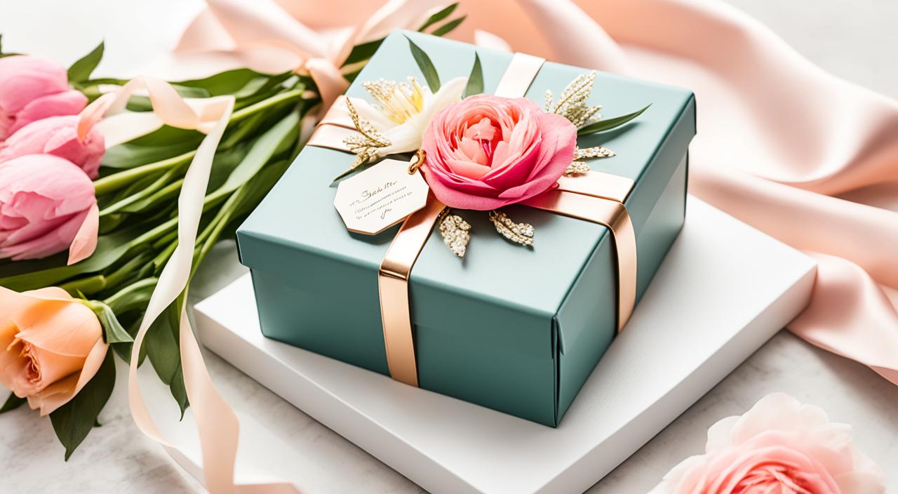 An image of a beautifully wrapped gift box with a personalized leather luggage tag attached to it. The box should be surrounded by fresh flowers of different colors and types, such as roses, peonies, and lilies. The background should have a soft, romantic ambiance with a touch of gold accents. The image should evoke a sense of luxury and elegance that will appeal to the stylish couple.
