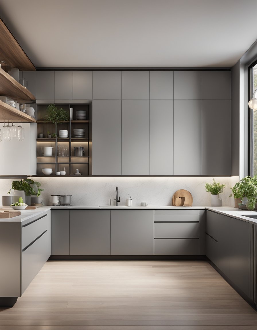 A sleek, modern kitchen with light gray cabinets, stainless steel appliances, and minimalistic design