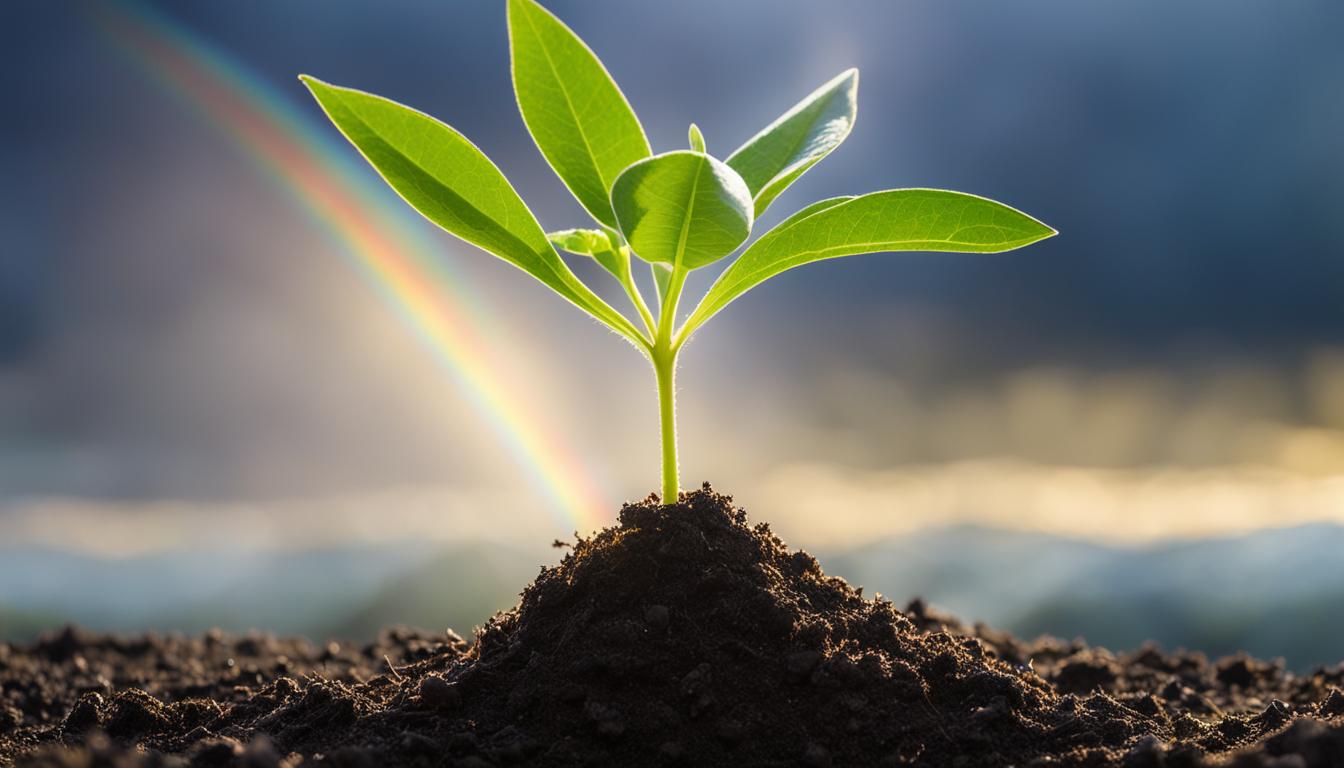 An image of a young plant growing from a small seed, with rays of sunlight shining down upon it. The plant should appear strong and healthy, with vibrant green leaves and a sturdy stem. Surrounding the plant, there should be dark storm clouds and rain pouring down, representing negativity and obstacles in life. Above the clouds, a rainbow should be visible, symbolizing the power of positivity and hope.