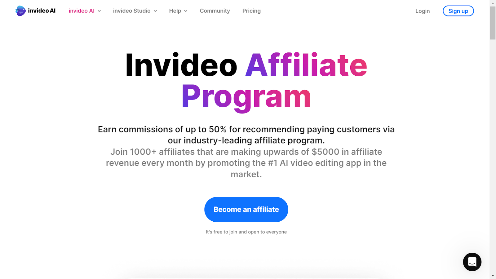 Screenshot from Invideo affiliate program landing page.