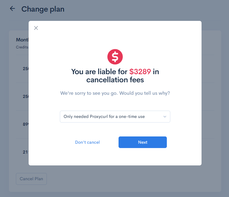 Pay for Proxycurl plan cancellation fees