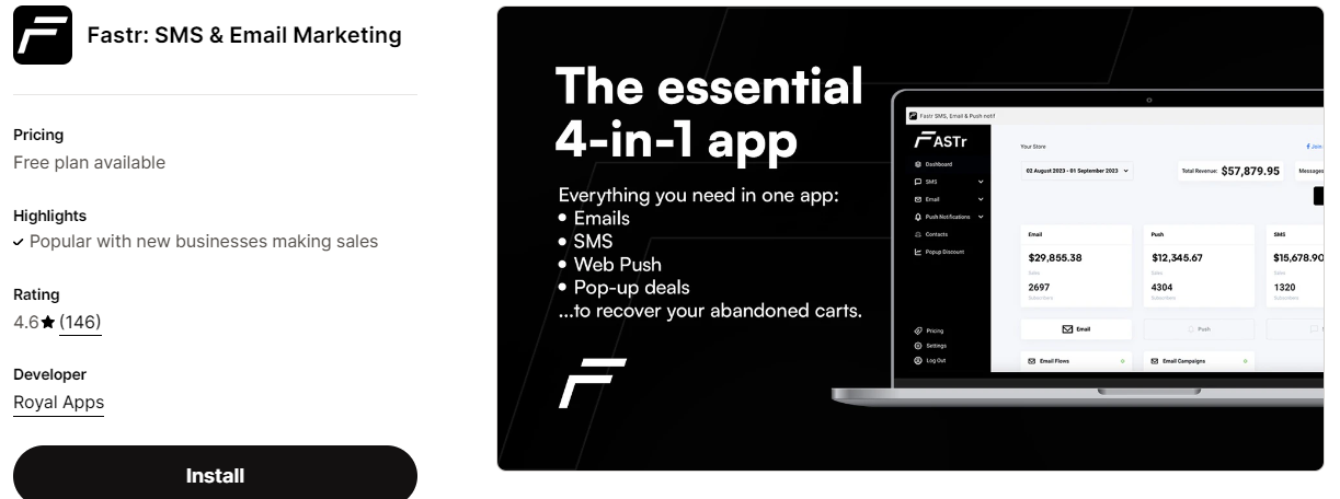 Fastr SMS & email marketing for cart abandonment.