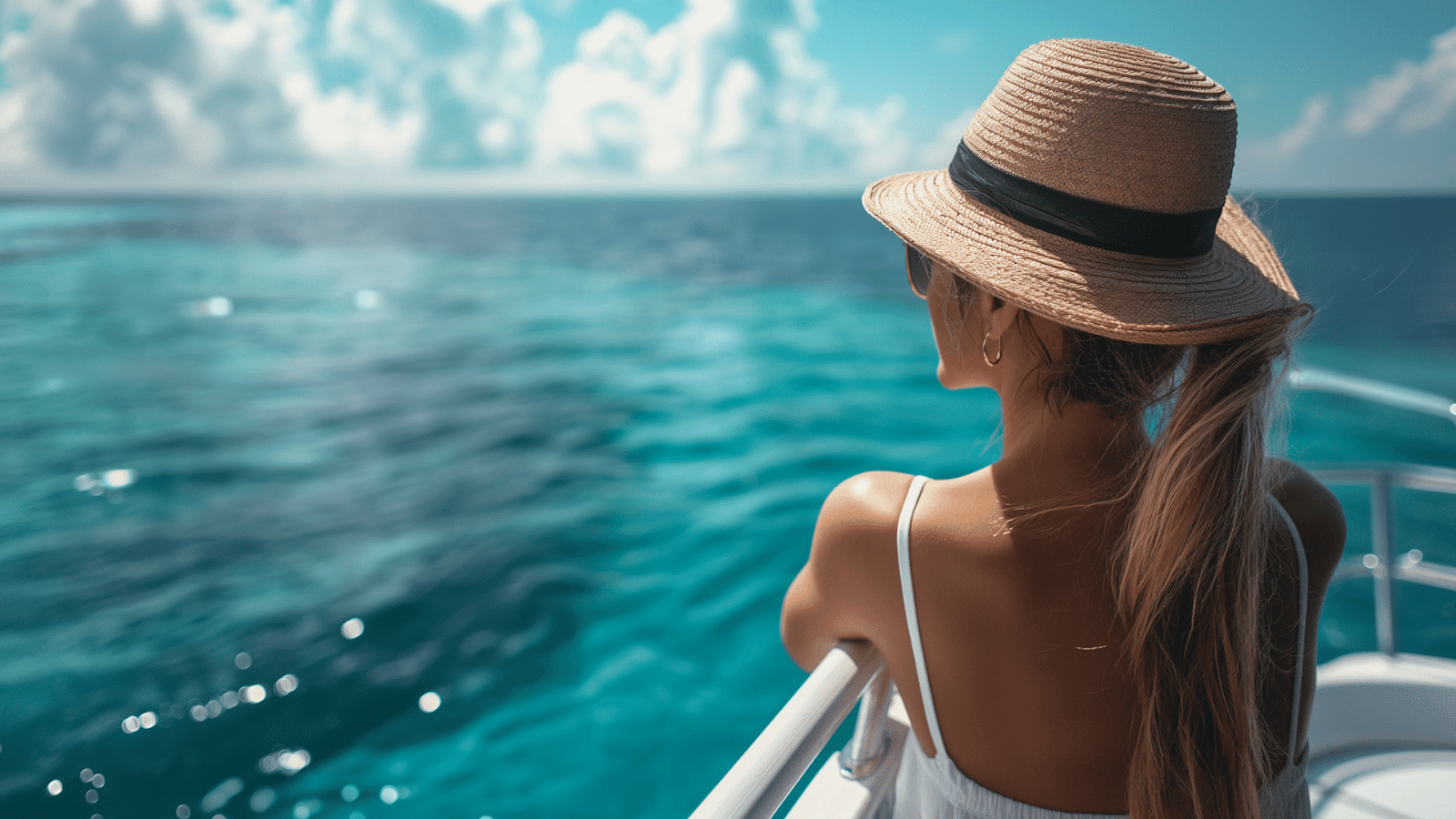 A woman in a sun hat enjoying the view from a yacht rental in the Maldives