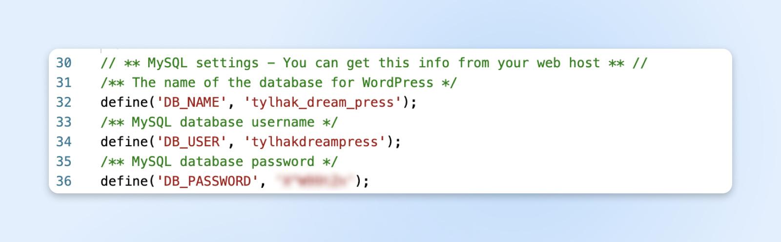 Código de configuración de base de datos de WordPress con definiciones de variables para nombre de base de datos, nombre de usuario y contraseña.