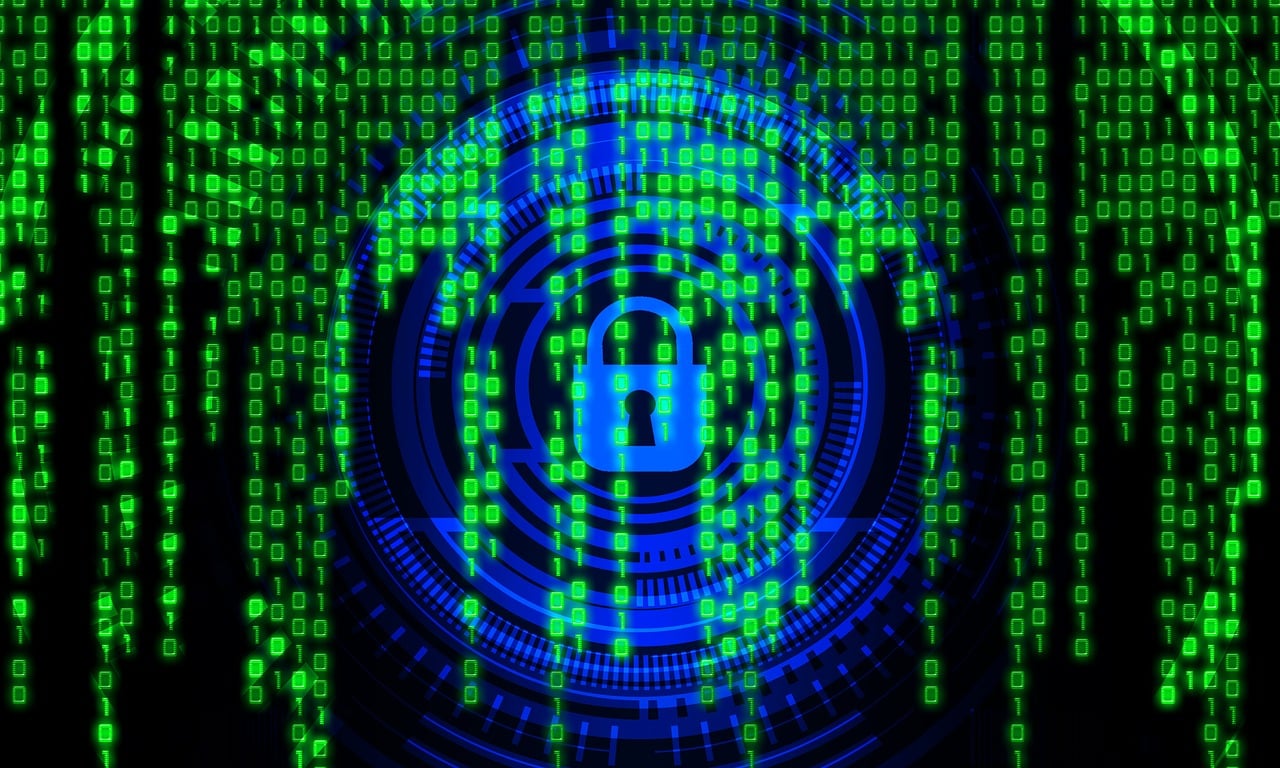 A digital image featuring a blue padlock icon surrounded by cascading green binary code.