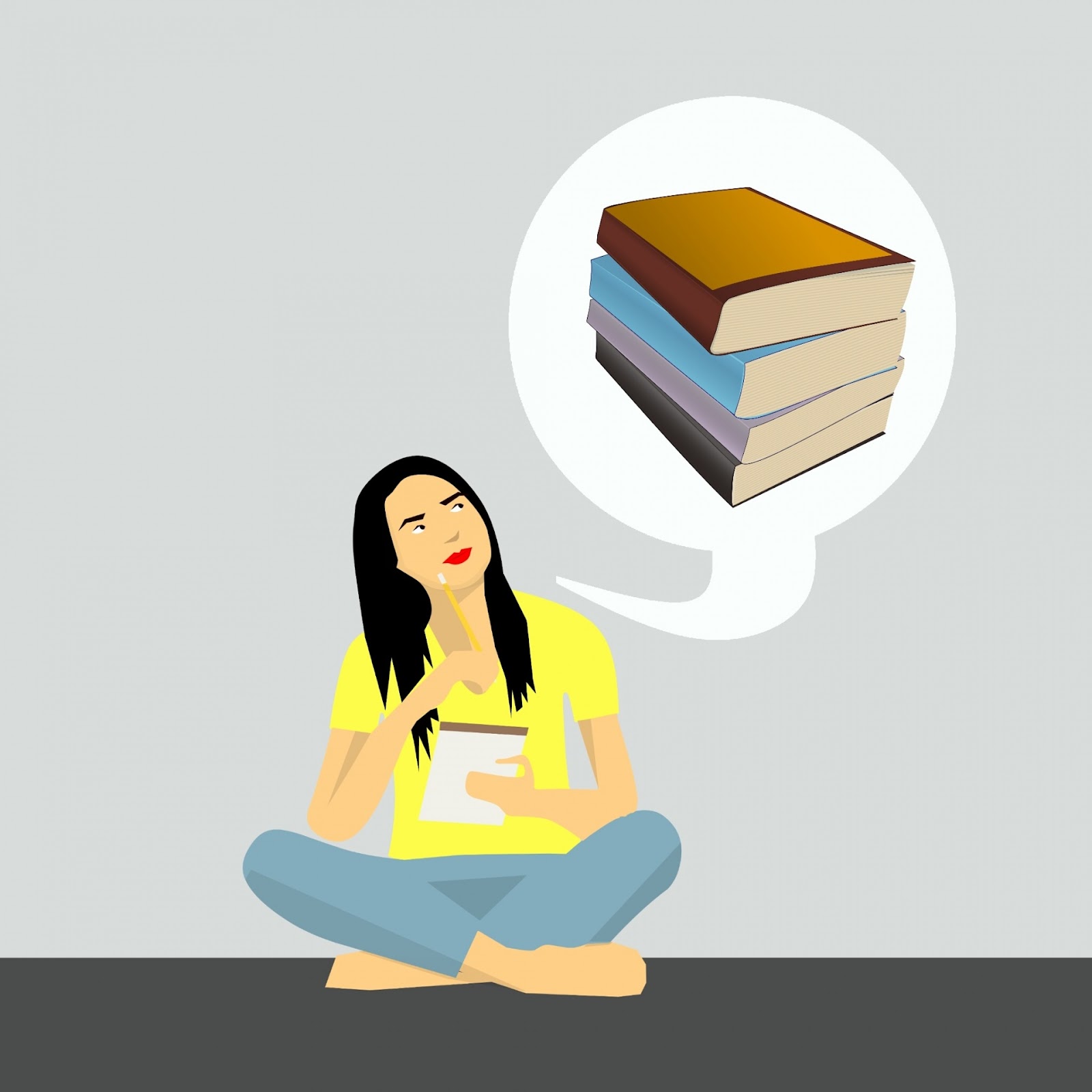 Study Girl DP of girl wearing a yellow T-shirt thinking about books
