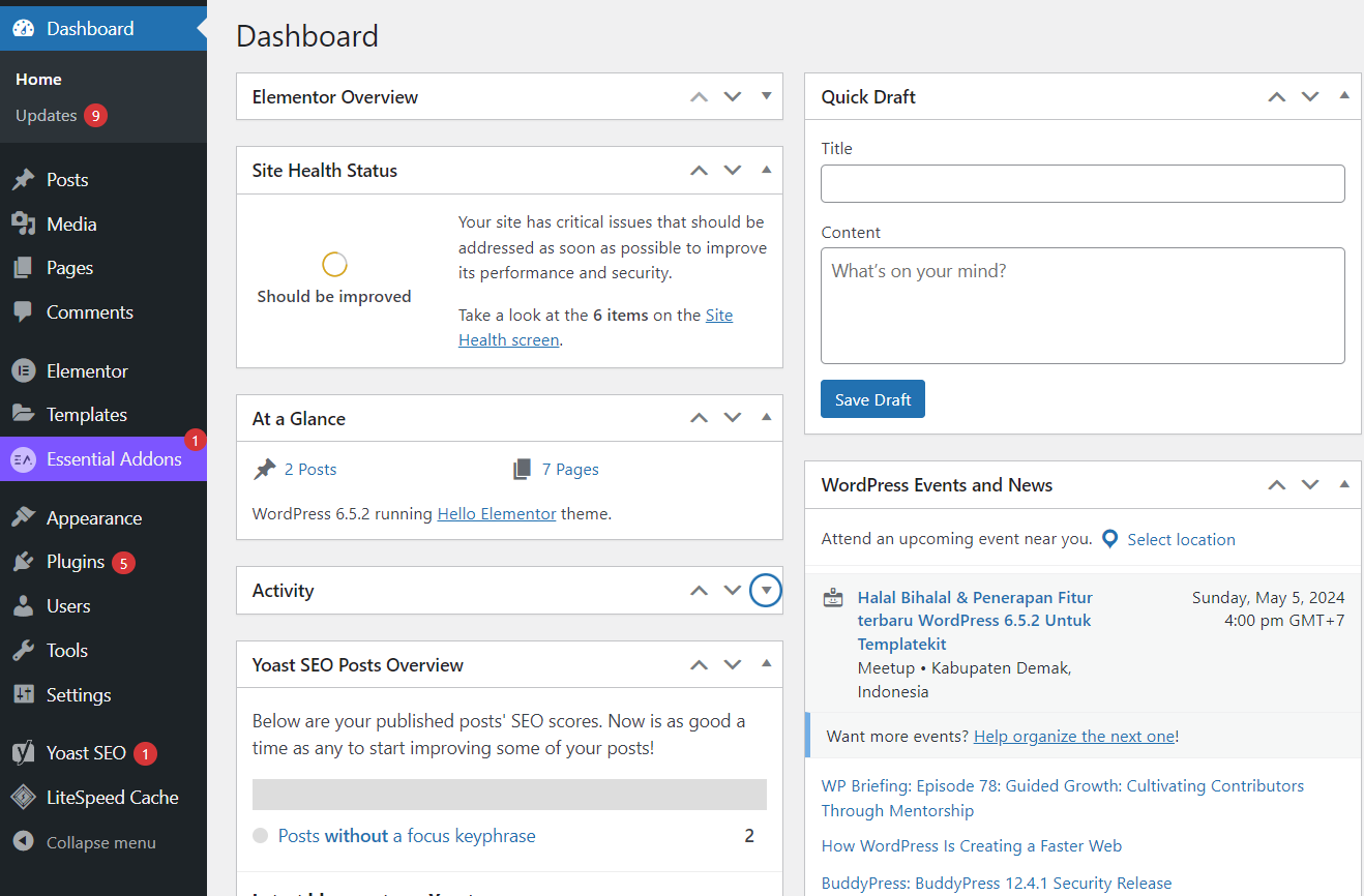 tampilan dashboard WordPress