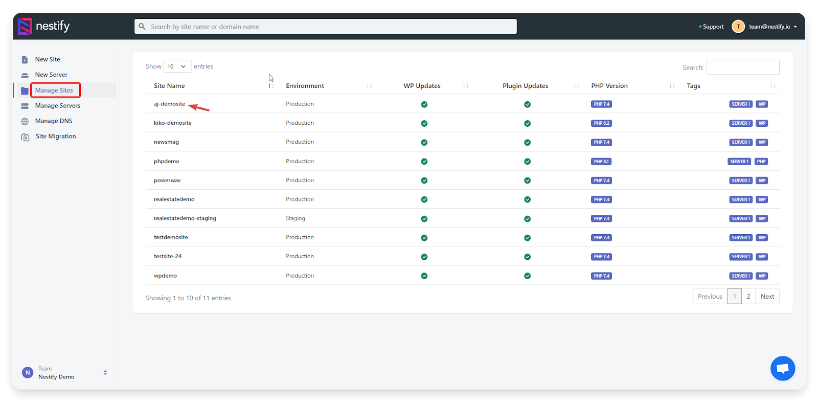 Nestify Dashboard - Manage Sites