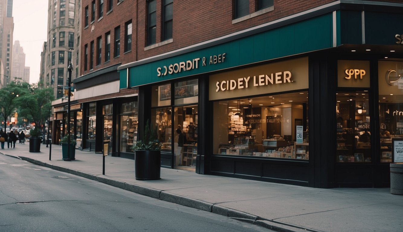 A storefront with a prominent sign reading "S P Credit Licensed Money Lender" surrounded by bustling city streets and diverse storefronts